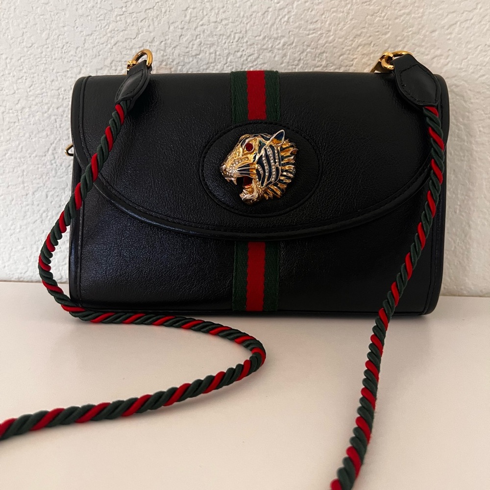 Gucci Black Leather Crossbody with Red & Green Stripe and Gold Tiger